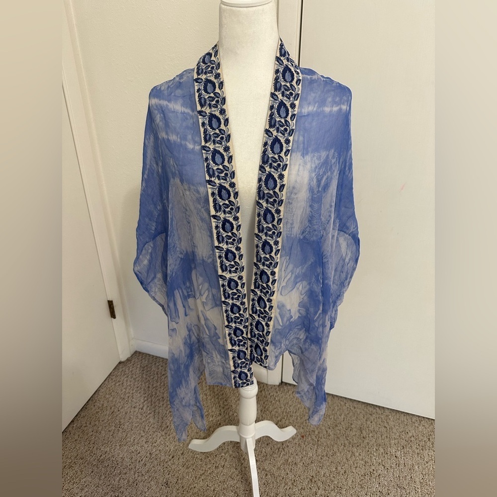 Blue Sheer Kimono Cover-Up with Embroidered Trim